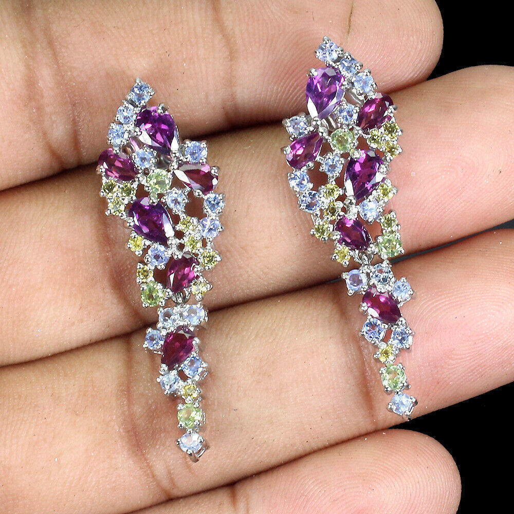Unheated Pear Rhodolite Peridot Sapphire Tanzanite 925 Sterling Silver Earrings
